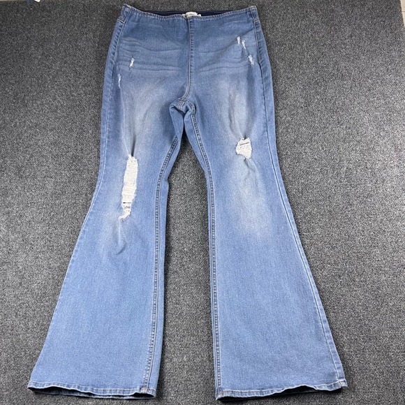 True Craft Denim - True Craft Womens High Rise Flare Jeans XL Blue Distressed Pull On Elastic Waist